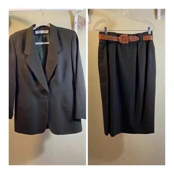 Evan Picone 10P Petite Olive Green 2 Pc Wool Suit Knee Skirt Suit & Belt USA Vtg - Picture 1 of 16